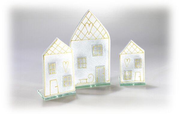 BDK-GLASS Skleněný domeček na čajovou svíčku - bílo zlatý Rozměr: 9x18cm