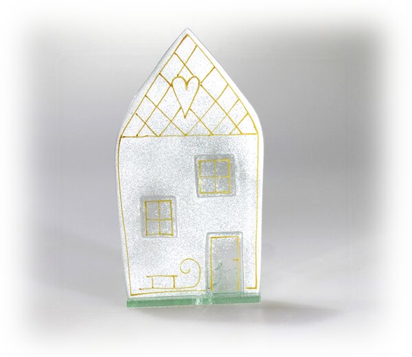 BDK-GLASS Skleněný domeček na čajovou svíčku - bílo zlatý Rozměr: 9x18cm