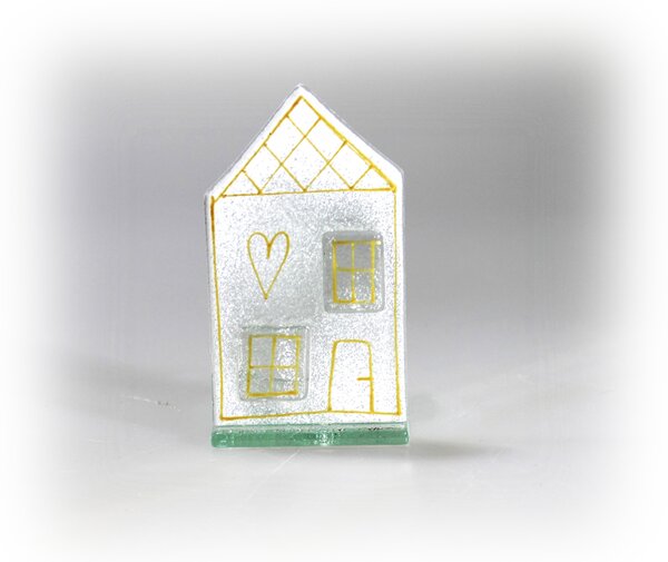 BDK-GLASS Skleněný domeček na čajovou svíčku - bílo zlatý Rozměr: 9x18cm