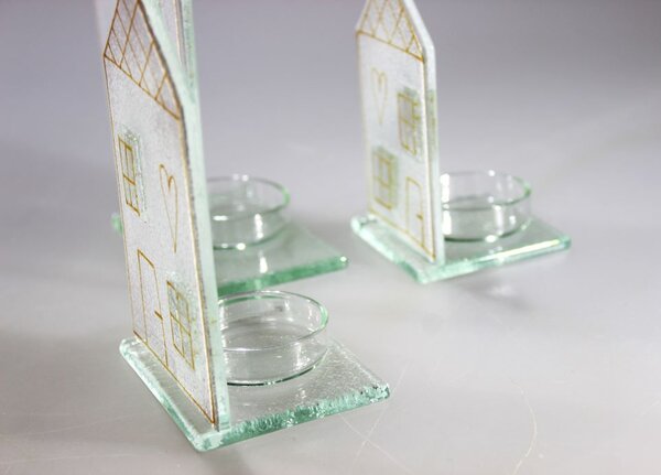 BDK-GLASS Skleněný domeček na čajovou svíčku - bílo zlatý Rozměr: 9x18cm