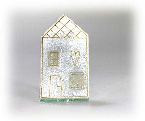 BDK-GLASS Skleněný domeček na čajovou svíčku - bílo zlatý Rozměr: 9x18cm
