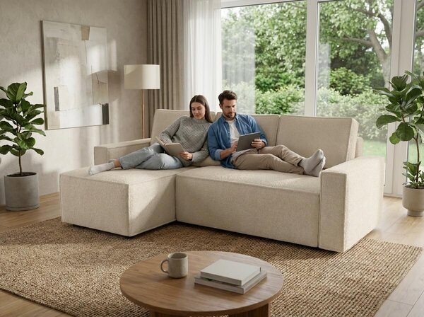 Rozkládací oboustranná sedací souprava do L SMART BOUCLE 232x143 cm, krémová
