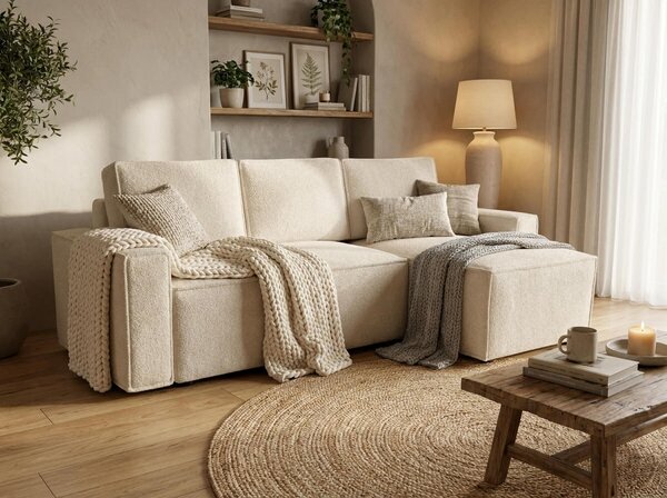 Rozkládací oboustranná sedací souprava do L SMART BOUCLE 232x143 cm, krémová