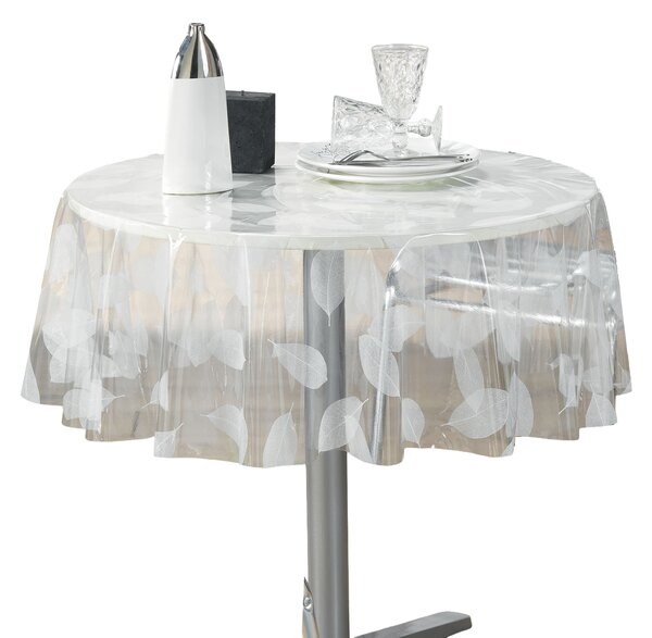Kulatý průhledný ubrus FEUILLE WHITE, Ø 140 cm, motiv listů