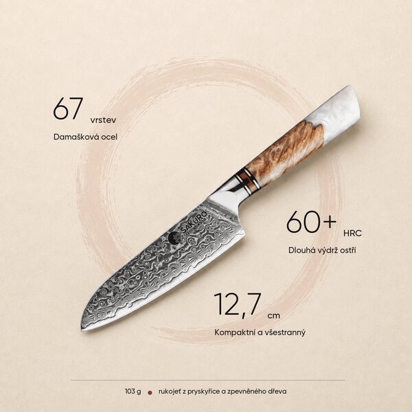Santoku nůž z damaškové oceli SaKuRo White Resin 12,7 cm
