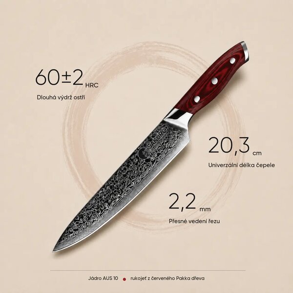 Japonský šéfkuchařský nůž z damaškové oceli SaKuRo Red Pakka 20,3 cm