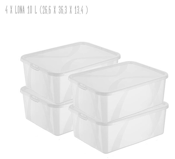 Sada 4 kusů úložných boxů, s víkem, Rotho LONA, 36x27x13 SADA (4 x 10l)