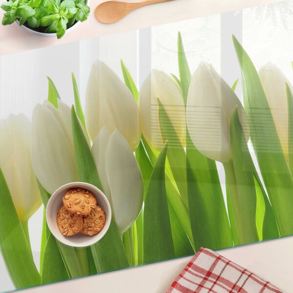 Skleněná deska do kuchyně Tulipány na pozadí zelených listů ddk-nr-wm-00000625