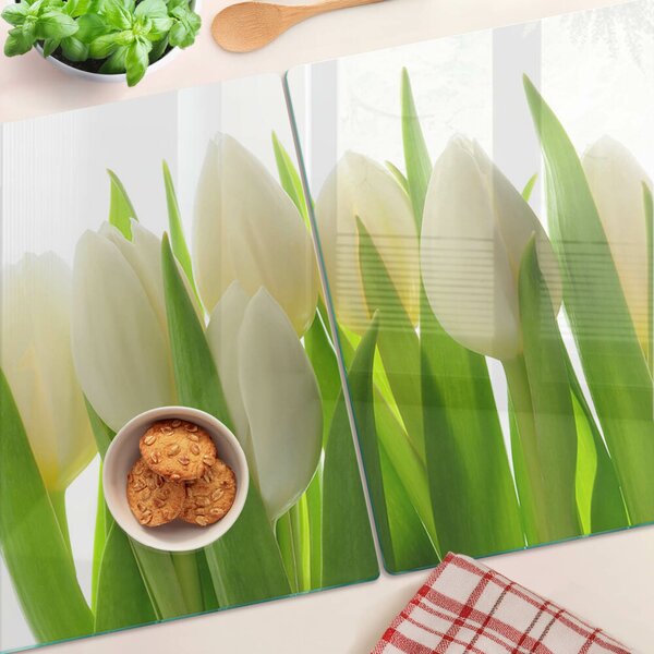 Skleněná deska do kuchyně Tulipány na pozadí zelených listů ddk-nr-wm-00000625