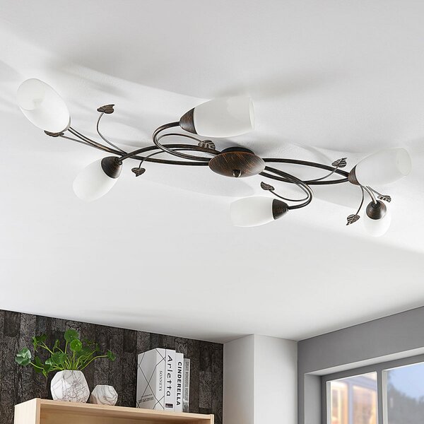 Stropní Lampa Lindby, Stefania, stmívatelné, Hnědá / Rezavá, Obývací pokoj, Sklo, Starožitný