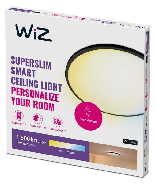 Stropní Lampa WiZ, SuperSlim, stmívatelné, Černá, Obývací pokoj, Plast, Moderní