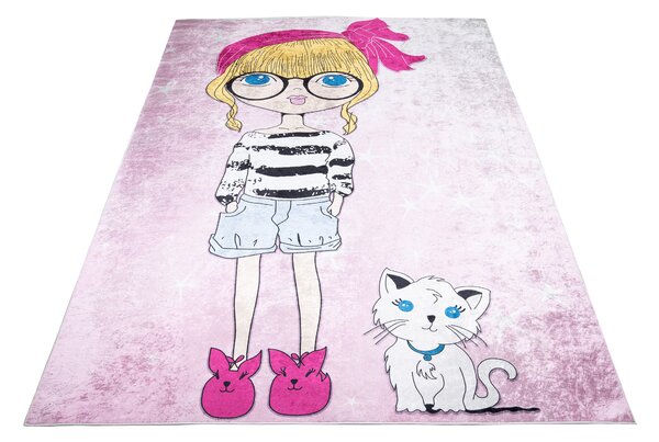 Chemex Dětský koberec Emma Kids - dívka a kočička - růžový Rozměr koberce: 80x150 cm
