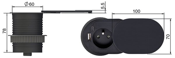 SOLIGHT 1z + USB A+C 20W PD vestavná zásuvka s posuvným víčkem, 2m, matná černá