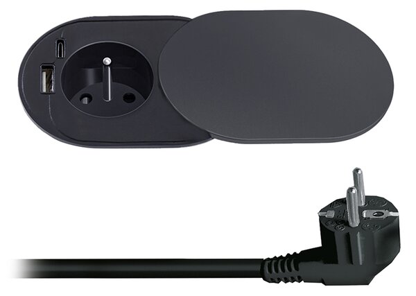 SOLIGHT 1z + USB A+C 20W PD vestavná zásuvka s posuvným víčkem, 2m, matná černá