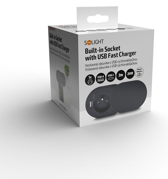 SOLIGHT 1z + USB A+C 20W PD vestavná zásuvka s posuvným víčkem, 2m, matná černá