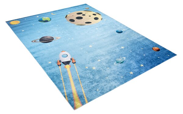 Makro Abra Dětský kusový koberec vhodný k praní BAMBINO 2698 Vesmír Raketa Planety pogumovaný modrý Rozměr: 80x150 cm