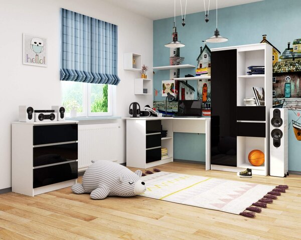 Ak furniture Rohový psací stůl B16 124 cm bílý/černý lesk levý