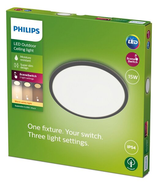 Stropní Lampa Philips, Superslim, stmívatelné, Černá, Koupelna, Kov