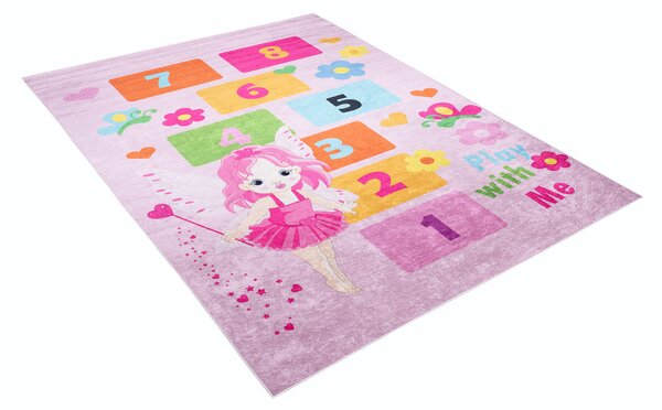 Makro Abra Dětský kusový koberec vhodný k praní BAMBINO 2138 Čísla Víla Motýlci protiskluzový růžový Rozměr: 80x150 cm