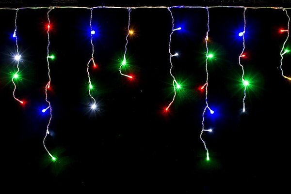 Venkovní LED vánoční závěs - různobarevná, 8 programů, průhledný kabel, různé délky na výběr Délka světelné části a počet LED: 10m, 500 LED