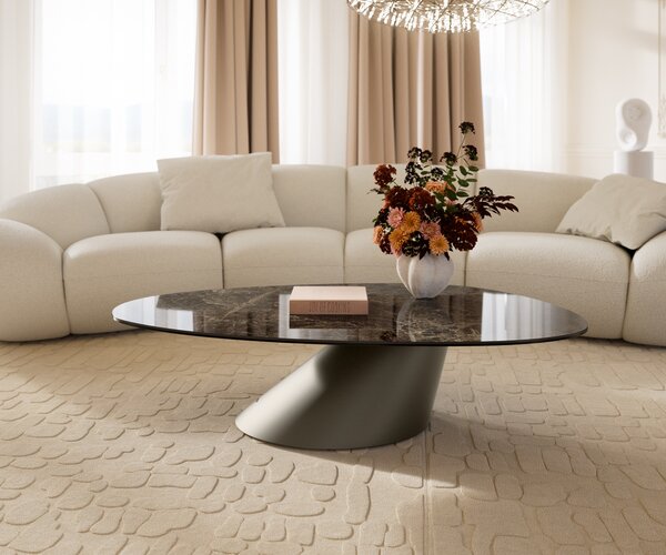 DELIFE Konferenční stolek Edge oválný 140x75 cm keramika Laminam® Emperador Extra Lucidato tmavě hnědá Conis kov titanová barva