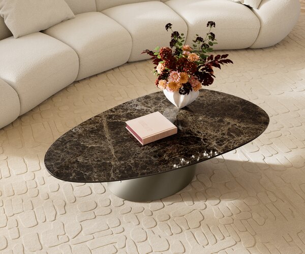 DELIFE Konferenční stolek Edge oválný 140x75 cm keramika Laminam® Emperador Extra Lucidato tmavě hnědá Conis kov titanová barva