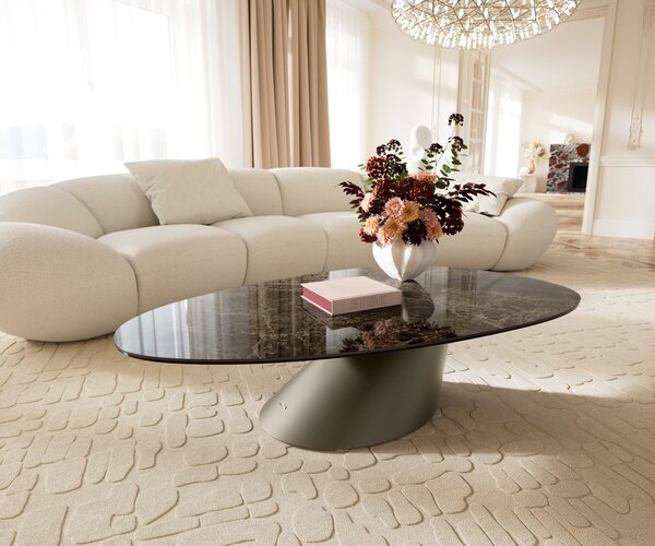 DELIFE Konferenční stolek Edge oválný 140x75 cm keramika Laminam® Emperador Extra Lucidato tmavě hnědá Conis kov titanová barva
