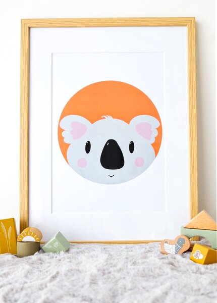 Plakát Koala (21x30cm) A4, Plakát do dětského pokoje, Plakát se zvířátkem, Ručně kreslený obrázek, Plakát na zeď pokojíčku, Barva: Oranžová