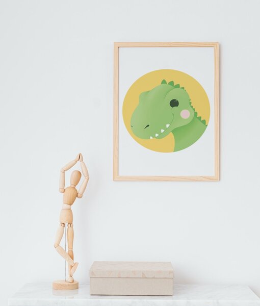 T-Rex Plakát (21x30cm) A4, Plakát do dětského pokoje, Plakát dinosaurus, Ručně kreslený obrázek, Plakát na zeď pokojíčku Barva: Žlutá