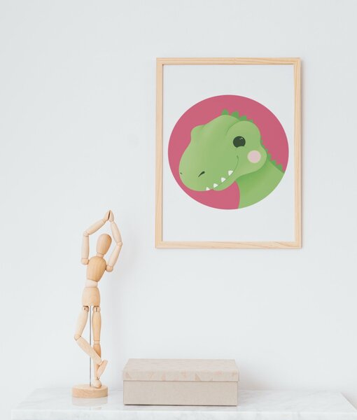 T-Rex Plakát (21x30cm) A4, Plakát do dětského pokoje, Plakát dinosaurus, Ručně kreslený obrázek, Plakát na zeď pokojíčku Barva: Růžová
