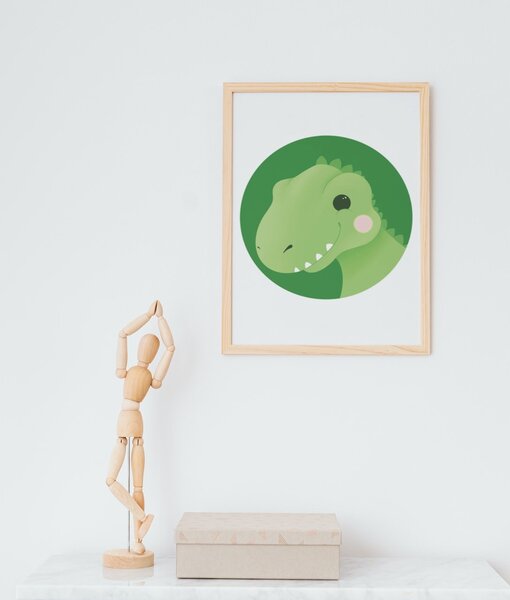 T-Rex Plakát (21x30cm) A4, Plakát do dětského pokoje, Plakát dinosaurus, Ručně kreslený obrázek, Plakát na zeď pokojíčku Barva: Zelená