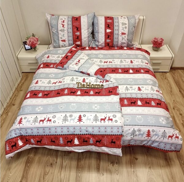 Povlečení bavlněné Vánoční Snowman červené TiaHome - 1x Polštář 90x70cm, 1x Přikrývka 140x200cm