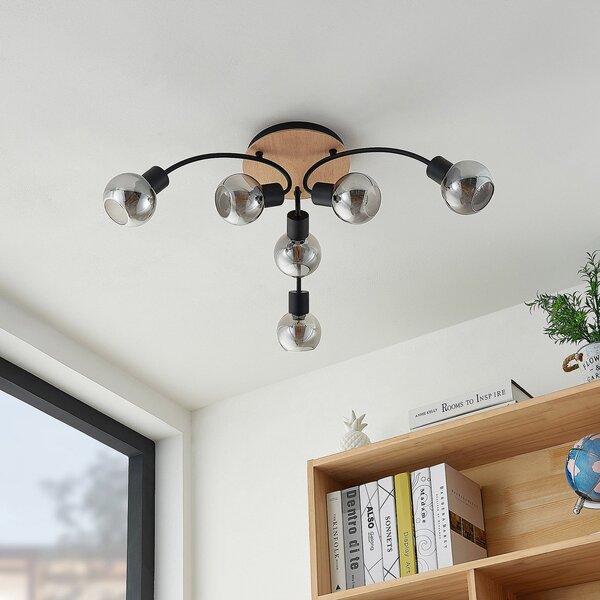 Stropní Lampa Lindby, Eridia, stmívatelné, Dřevo, Obývací pokoj, Sklo, Moderní