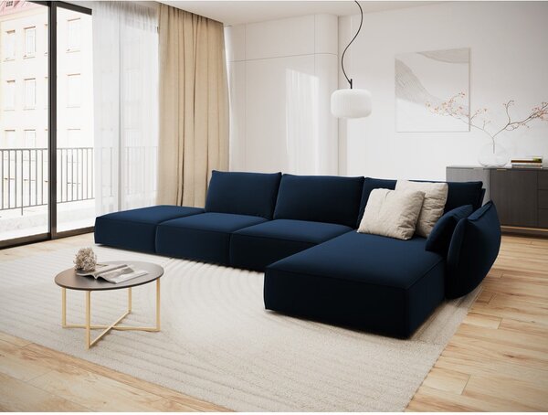 Tmavě modrá sametová rohová pohovka (pravý roh/s lenoškou) Vanda – Mazzini Sofas