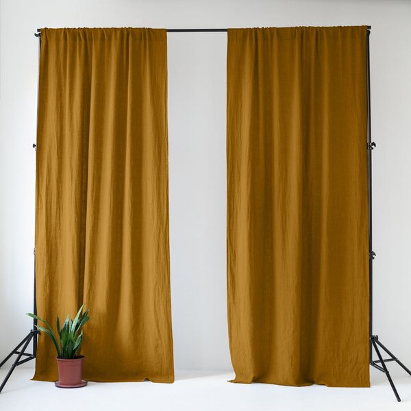 Okrově žlutý/hnědý lněný závěs 140x200 cm Bronze – Linen Tales