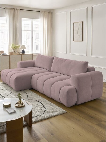 Růžová rozkládací/s úložným prostorem rohová pohovka (levý roh/s lenoškou) Fuji – Bobochic Paris