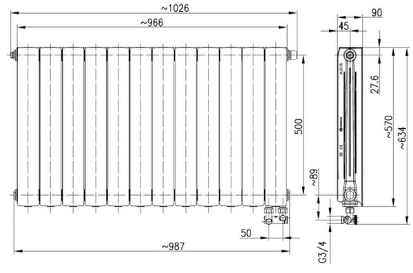KFA Armatura ADR pokojový radiátor 57x96.6 cm podłączenie spodní bílá 763-121-44