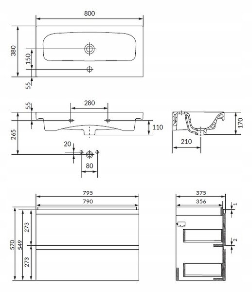 Cersanit Moduo Slim SET, závěsná skříňka 80x38x62 cm + umyvadlo 80cm, antracitová matná, S801-468-DSM