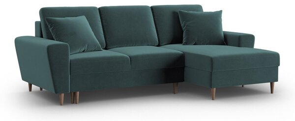 Sametová rozkládací/s úložným prostorem rohová pohovka v petrolejové barvě (pravý roh/s lenoškou) Kyoto – Cosmopolitan Design