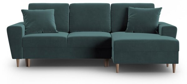 Sametová rozkládací/s úložným prostorem rohová pohovka v petrolejové barvě (pravý roh/s lenoškou) Kyoto – Cosmopolitan Design