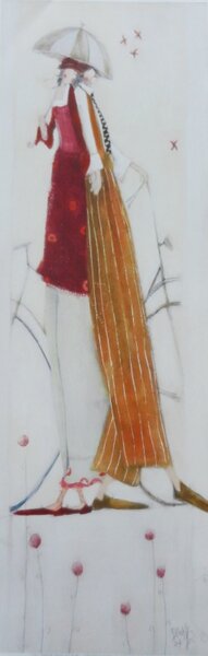 ART-STYLE Obrázek 20x60, dvě postavy pod deštníkem, rám bílý s patinou