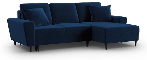 Modrá sametová rozkládací/s úložným prostorem rohová pohovka (pravý roh/s lenoškou) Kyoto – Cosmopolitan Design