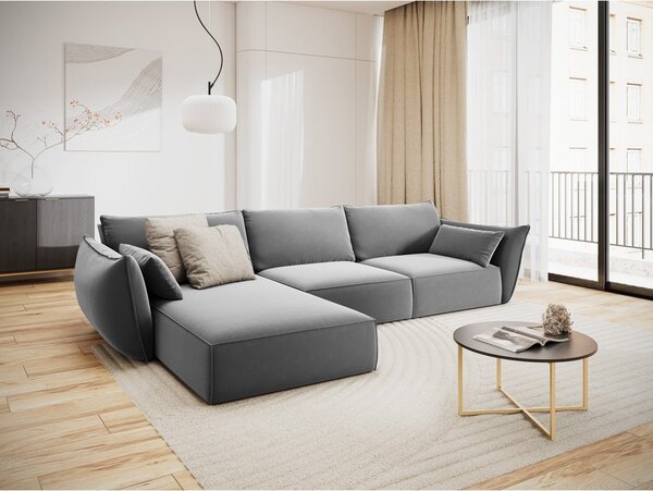Světle šedá sametová rohová pohovka (levý roh/s lenoškou) Vanda – Mazzini Sofas