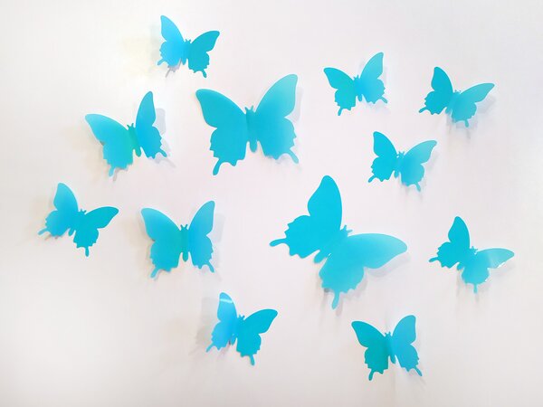 3D motýli na stěnu světle modrá 12 ks šíře 6 x 10 cm, šíře 6 x 5 cm