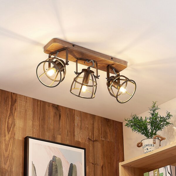 Stropní Lampa Lindby, Rutger, stmívatelné, Dřevo, Obývací pokoj, Dřevo, Vintage
