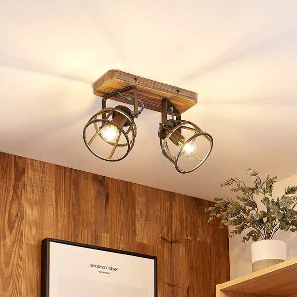Stropní Lampa Lindby, Rutger, stmívatelné, Dřevo, Obývací pokoj, Dřevo, Vintage