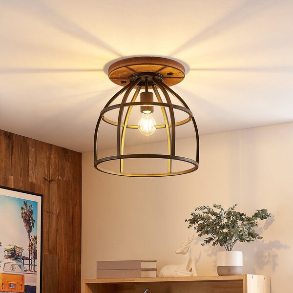 Stropní Lampa Lindby, Rutger, stmívatelné, Černá, Obývací pokoj, Dřevo, Vintage