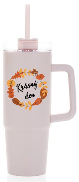 KRÁSNÝ DEN (PODZIM) - růžový cestovní termohrnek s průhledným víčkem 900 ml