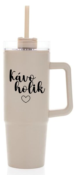 KÁVOHOLIK - béžový cestovní termohrnek s průhledným víčkem 900 ml