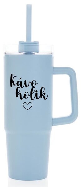 KÁVOHOLIK - světle modrý cestovní termohrnek s průhledným víčkem 900 ml